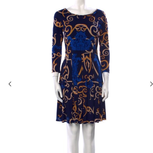 Tibi Baroque Print Mini Dress XS Blue Gold Fit Flare Pleated A Line Cocktail - Picture 2 of 6